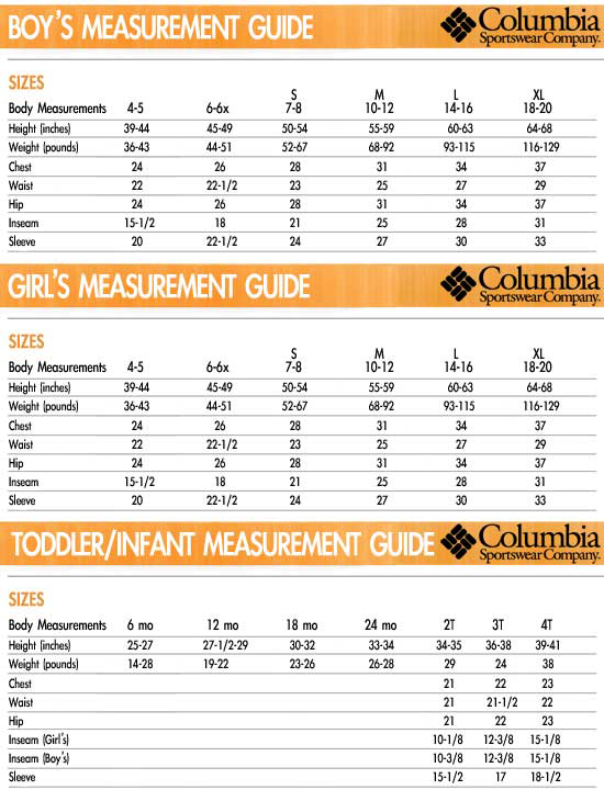 COLUMBIA Kid's Clothing Sizing Chart
