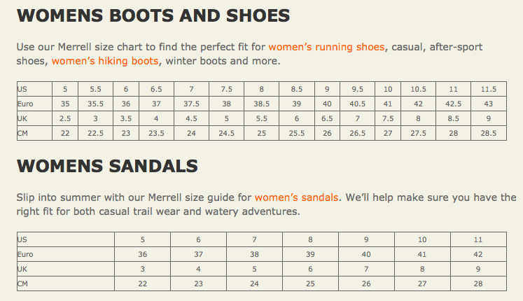 Merrell Hiking Shoes Size Chart Guide